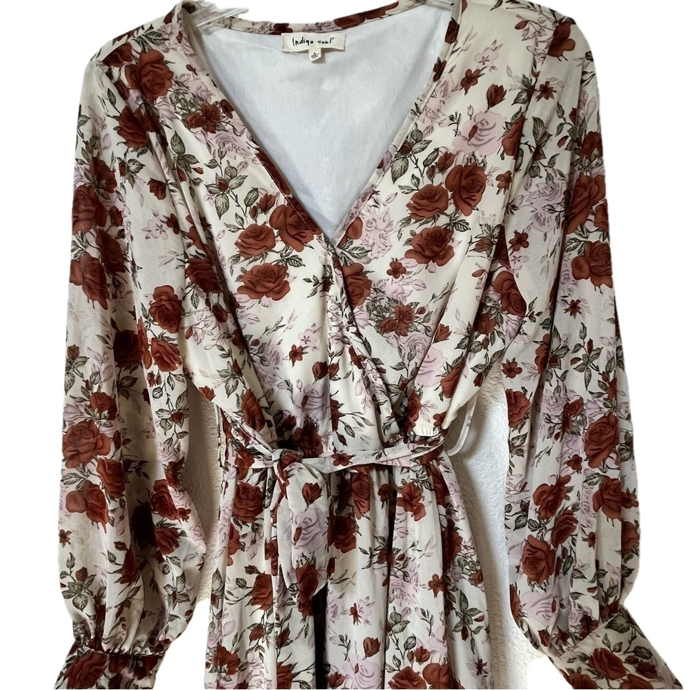 Indigo Soul Floral Wrap Maxi Dress - Cream and Brown